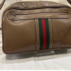 Gucci Tan Leather Shoulder Bag with Green and Red Stripe
